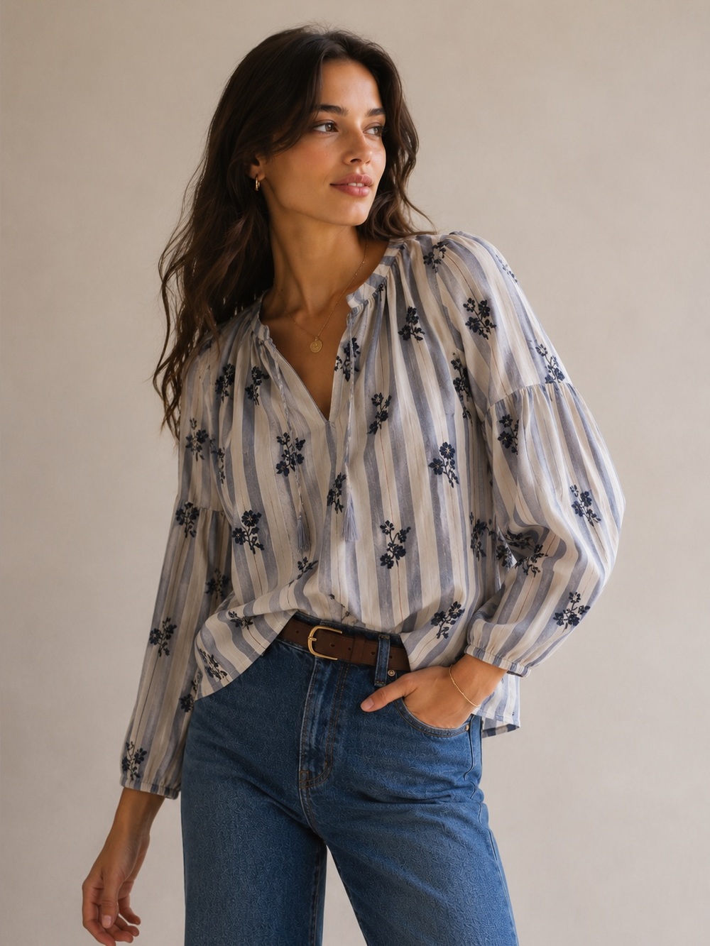 Misa Los Angeles Bijou Striped Floral Tassel Peasant Boho Top Size Small
